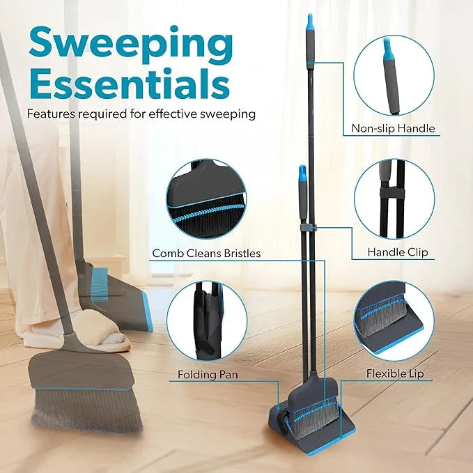 BLACK+DECKER Butler Broom & Dustpan Set - Short Handle, Stand-Up Design - Lightweight, Space-Saving Combo for Kitchen, Living Room, Bathroom, Lobby Floors - Home Cleaning Essential, Black/Blue - NeatNest