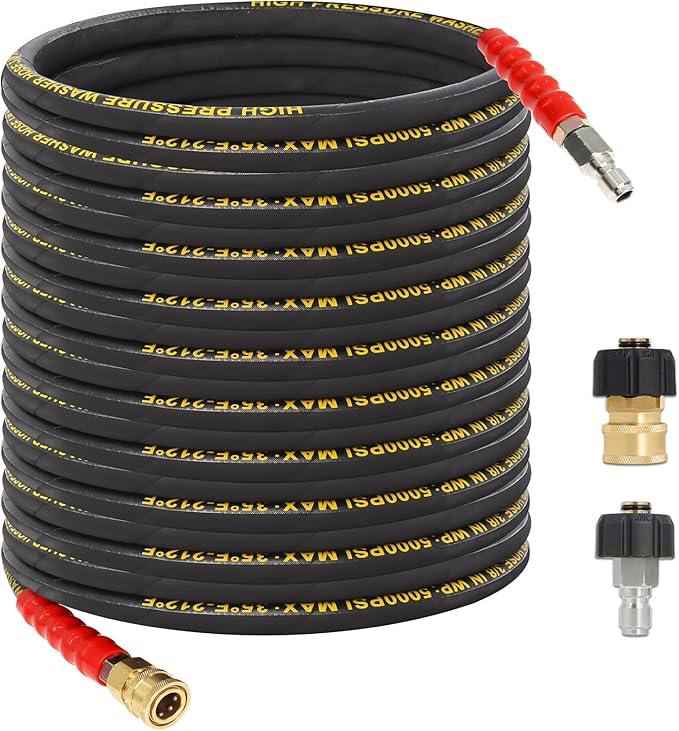 50FT Pressure Washer Hose 3/8''- 5000 PSI High Tensile Wire Braided Kink Resistant Power Washer Hoses Extension, Hot & Cold Water Max 212°F with 2 Pcs M22-14mm 3/8" Quick Connect Kits - NeatNest
