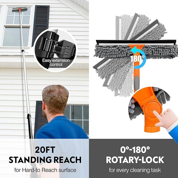 20 Ft High Reach Window Squeegee with 5-12Ft Extra-Thick Aluminum Telescopic Extension Pole| 14" Extra-Large 2-in-1 Window Cleaner Tool| Window Washer for Indoor/Outdoor Window,RV,Truck Glass - NeatNest