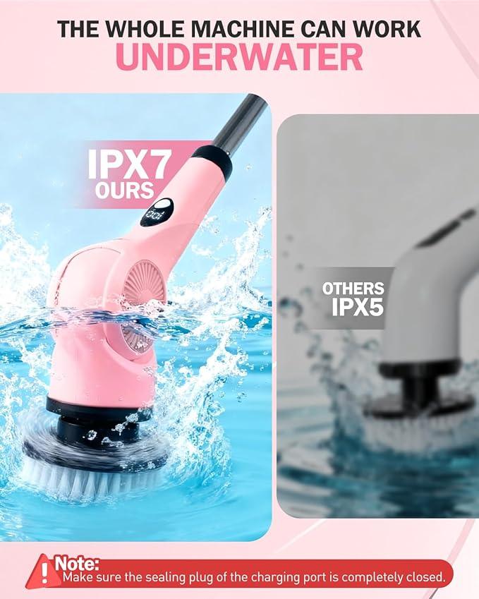 Electric Spin Scrubber, 3-Speed Cordless Shower Scrubber with 90° Adjustable & 10 Replaceable Brush Heads, 90 Mins Runtime & Full-Body IPX7 Waterproof Shower Cleaner Brush with Long Handle - NeatNest