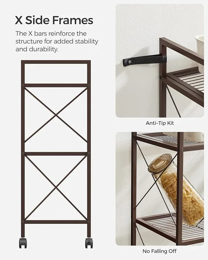 SONGMICS 3-Tier Metal Storage Rack with Wheels, Mesh Shelving Unit with X Side Frames, 23.6-Inch Width, for Entryway, Kitchen, Living Room, Bathroom, Industrial Style, Metallic Bronze UBSC163A01 - NeatNest