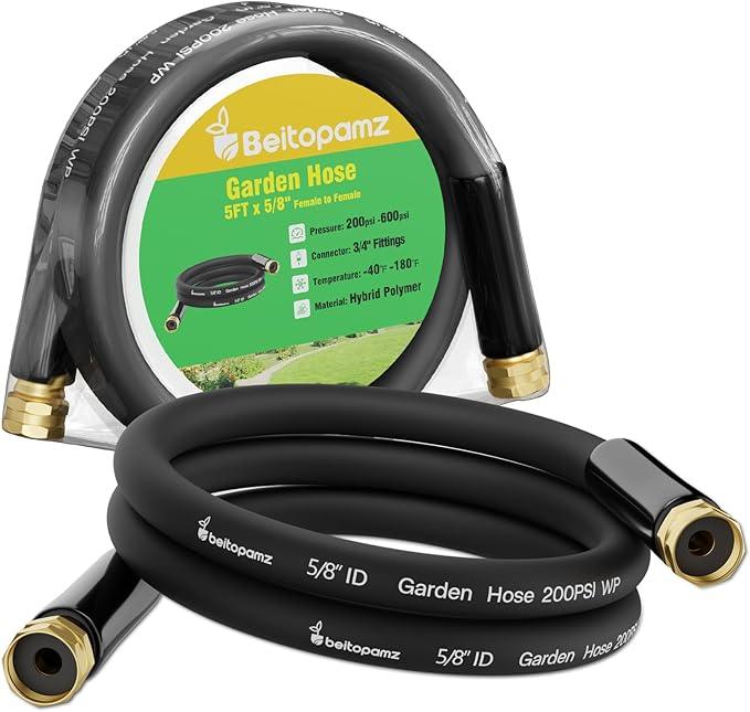 Short Garden Hose 5 ft x 5/8" Female to Female, Heavy Duty Small Water Hose Extend Connector, Leak-Free Connections Hybrid Rubber Leader Hose with 3/4" Double GHT Fittings, Black - NeatNest