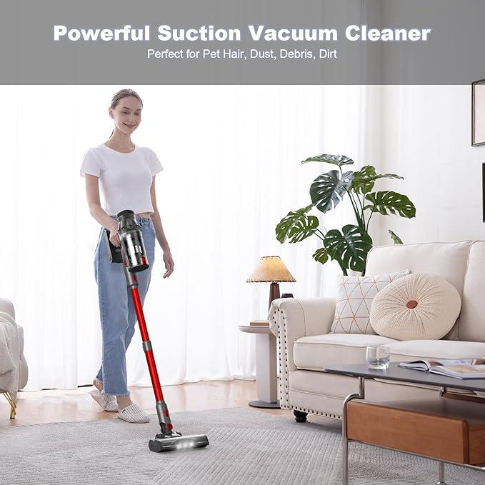 Vacuum Cleaners for Home - Cordless Stick Vacuum Cleaner, Lightweight High Power Vac for Pet Hair Carpet Hardwood Floor, Handheld Portable Wireless Rechargeable Battery Household Vac,Red - NeatNest