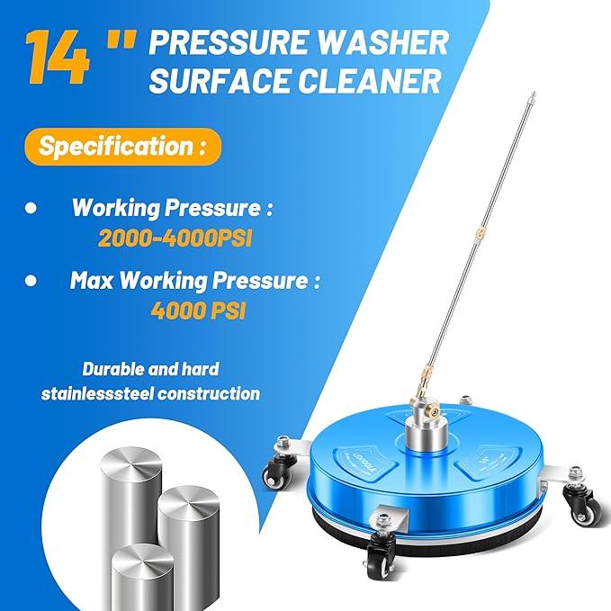 14" Pressure Washer Surface Cleaner with 4 Wheels - Coated Blue Stainless Steel Surface Cleaner for Pressure Washer Attachment for Concrete, Driveway, Patio, Sidewalk, Deck and Driveways - PWS14B - NeatNest