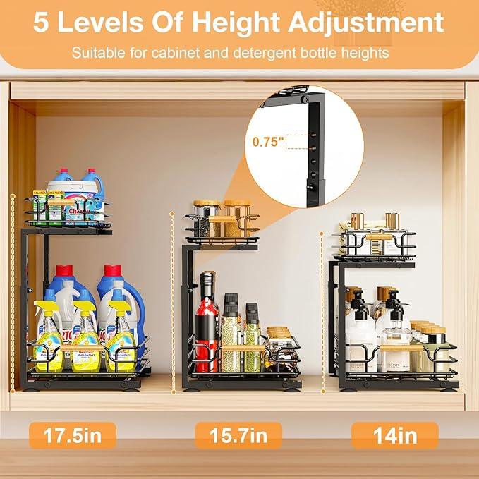 JYPS 2 Pack Under Sink Organizer, 2 Tier Pull out Under Kitchen Bathroom Sink Organizer and Storage, Metal Sliding Drawer for Cabinet Pantry Undersink Organizers Shelf - NeatNest