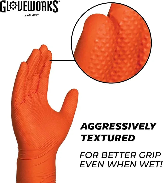 GLOVEWORKS HD Orange Nitrile Disposable Gloves 8 Mil Raised Diamond Texture, 100 - NeatNest
