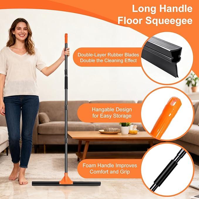 Heavy Duty Floor Squeegee with Long Handle, 18" Rubber Wiper Broom for Concrete Tile Cleaning Commercial Scrubber Mop for Garage Deck Bathroom Kitchen Pool Glass - NeatNest