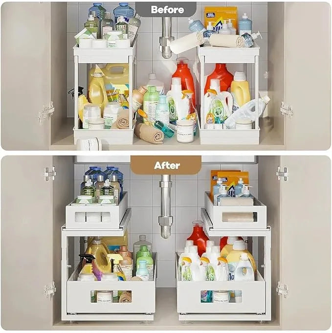 2 Pack 18.5IN-Depth Under Sink Organizer With Next-Gen Ball-Bearing Slides,2-Tier Pull Out Cabinet Storage,Height Adjustable Drawer Shelf for Bathroom,Kitchen,Laundry,Cabinet,Pantry-White - NeatNest