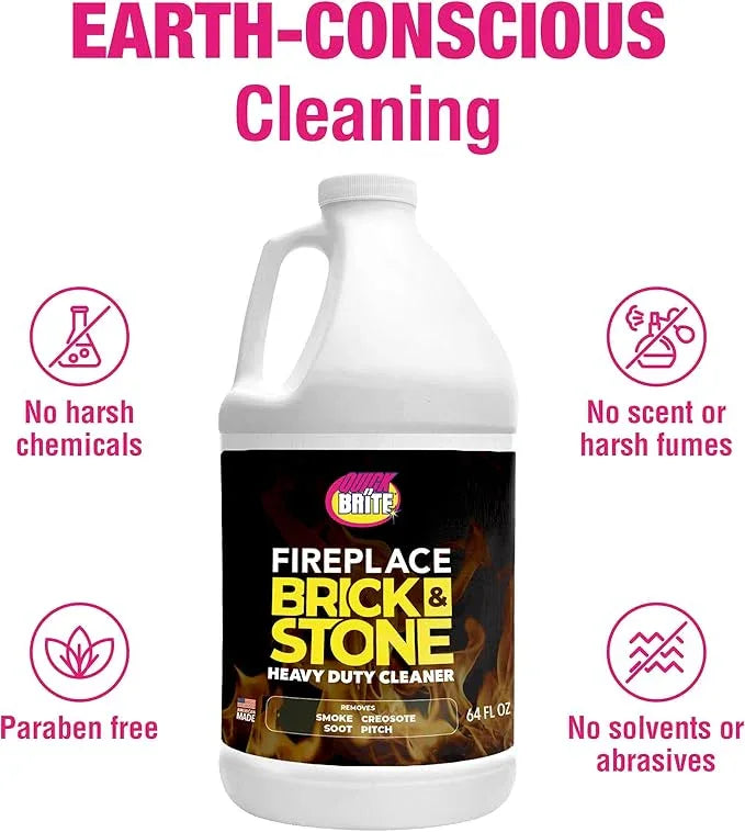 Quick 'n Brite Fireplace Brick and Stone Cleaner 64oz - Natural Stone, Tile, and Marble Cleaner with Scrub Brush - Indoor Fireplace and Wood Stove Cleaning Kit - Pellet Stove Creosote Remover - NeatNest