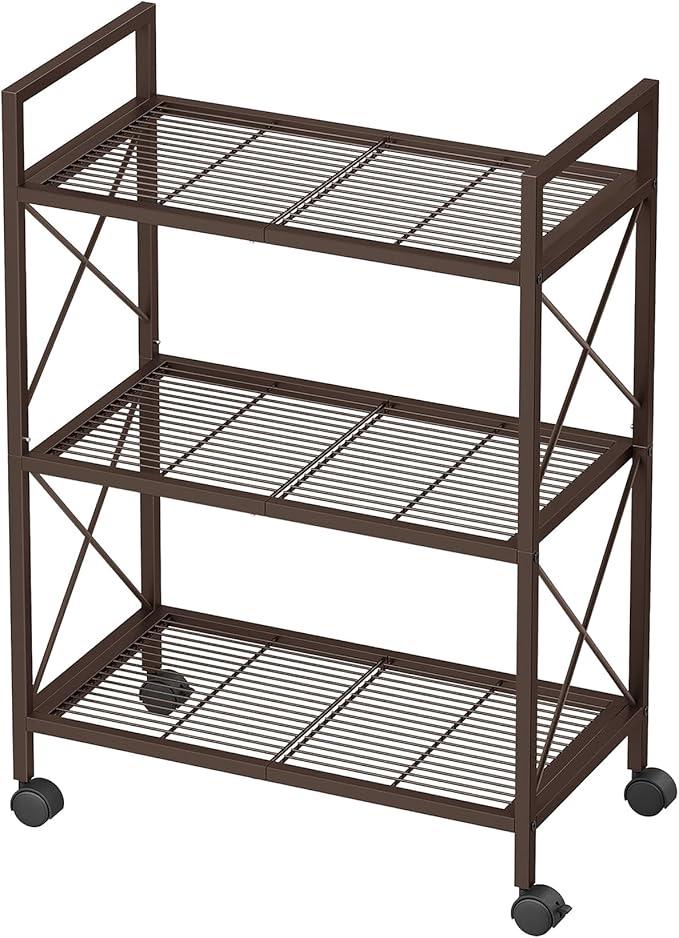 SONGMICS 3-Tier Metal Storage Rack with Wheels, Mesh Shelving Unit with X Side Frames, 23.6-Inch Width, for Entryway, Kitchen, Living Room, Bathroom, Industrial Style, Metallic Bronze UBSC163A01 - NeatNest