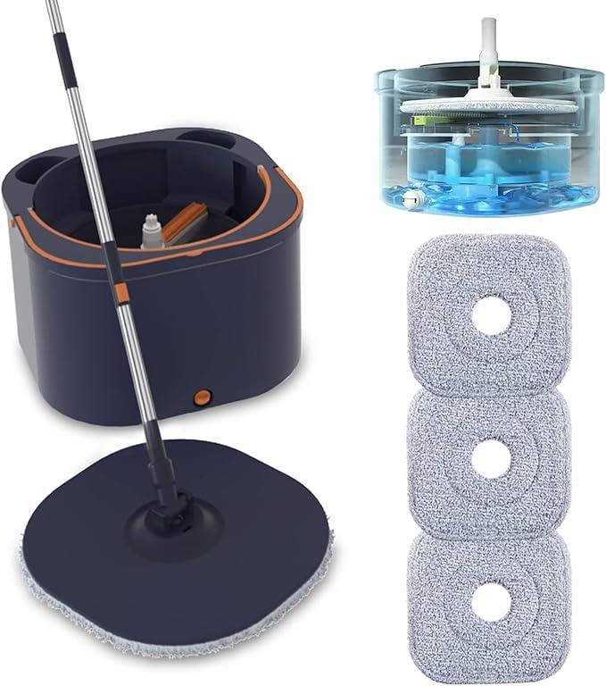 Flat Floor Mop and Bucket System Set with Wringer, Spin Mop and Bucket Separate Clean and Dirty Water with Self Separation for Hardwood, Laminate, Tile, Floor Cleaning, Wet and Dry Use, Navy Blue - NeatNest