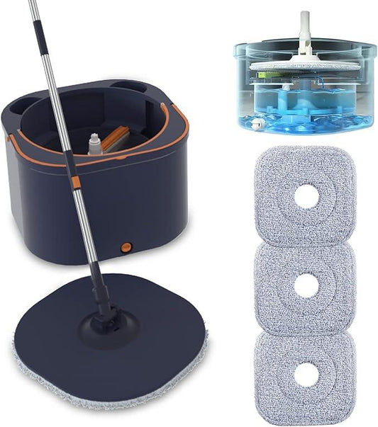 Flat Floor Mop and Bucket System Set with Wringer, Spin Mop and Bucket Separate Clean and Dirty Water with Self Separation for Hardwood, Laminate, Tile, Floor Cleaning, Wet and Dry Use, Navy Blue - NeatNest