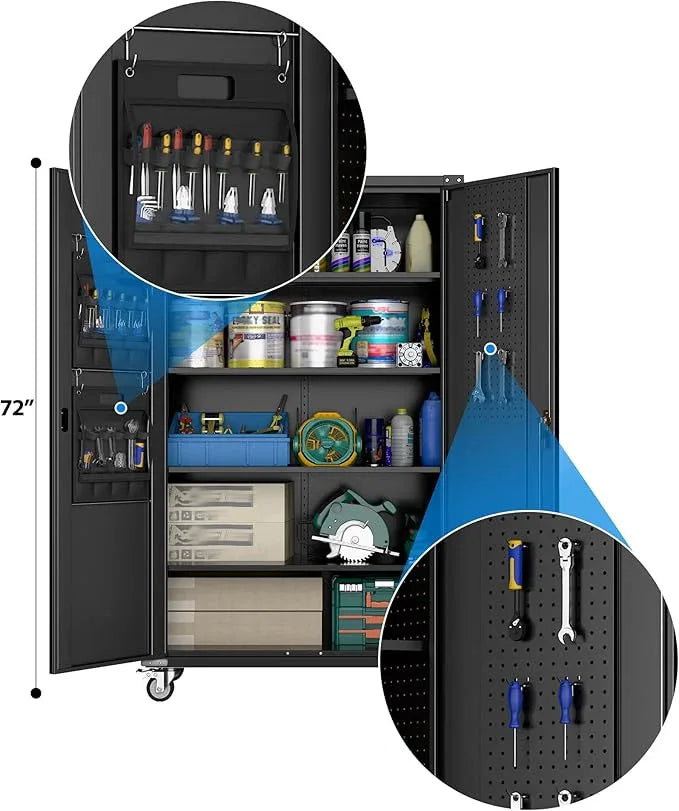 2025 Upgraded Wide & Deep Garage Storage Cabinet with Wheels, Lockable Metal Storage Cabinet with Pegboards and 9 Hooks, 2 Tool Pouches for Garage,4 Adjustable Shelves (Black,43''W x 22''D x 72''H) - NeatNest