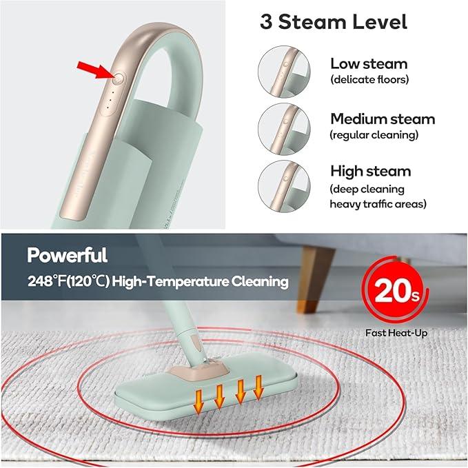 Newbealer Steam Mop & Detachable Handheld Cleaner, 250ml 1200W Powerful Floor Steamer, 3 Adjustable Levels for Carpet Laminate Hardwood Grout, Carpet Glider, 7 Multi-purpose Accessories & 2 Pads - NeatNest