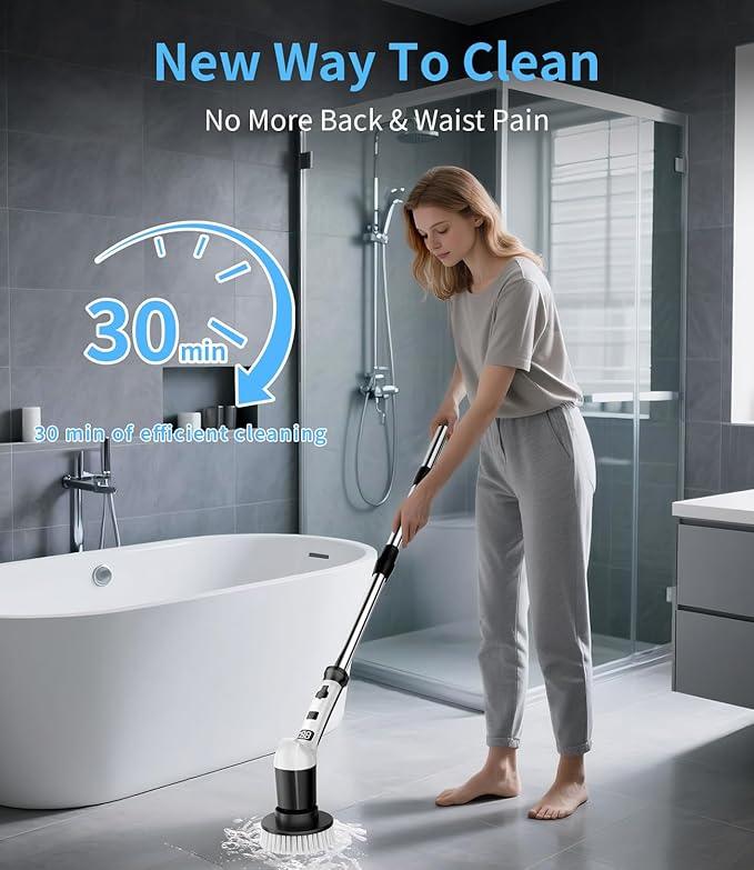 Electric Spin Scrubber with 3 Speed, Adjustable Extension Handle, 8 Brush Heads,Cordless Power Cleaning Brush for Bathroom, Tile, Kitchen-Black - NeatNest