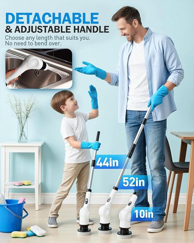 Electric Spin Scrubber, 3-Speed Cordless Shower Scrubber with 90° Adjustable & 10 Replaceable Brush Heads, 90 Mins Runtime & Full-Body IPX7 Waterproof Shower Cleaner Brush with Long Handle - NeatNest