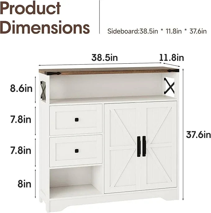 Fameill Farmhouse Storage Cabinet with Drawers and Open Storage,Freestanding Kitchen Pantry with 2 Barn Doors, Floor Cabinet with Adjustable Shelf for Living Room,White - NeatNest