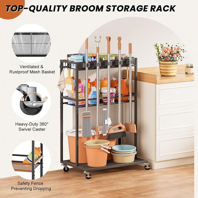 Broom Holder with Cleaning Supplies Organizer, Broom Closet Storage Cabinet with Mop Hanger Gripper Rack Hooks, Cleaning Housekeeping Janitorial Cart with Cleaning Caddy, Laundry Room Organization - NeatNest