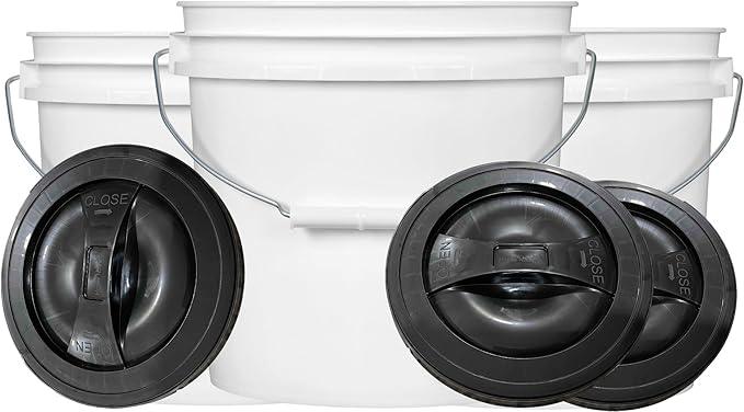 House Naturals 2 Gallon White Bucket with Screw on Lid - Pack of 3 Made in USA contrainers (White Buckets with Black Lids) - NeatNest