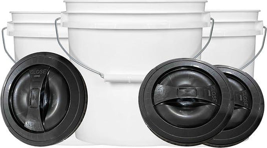 House Naturals 2 Gallon White Bucket with Screw on Lid - Pack of 3 Made in USA contrainers (White Buckets with Black Lids) - NeatNest