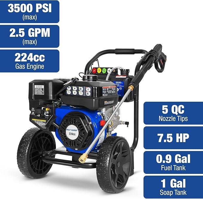 BILT HARD 3500 PSI 2.5 GPM Gas Power Pressure Washer, 224cc 4-Cycle Engine, Heavy Duty Gas Pressure Washer with Spray Gun and Wand, 5 Quick Connect Nozzle Tips, 3/5"×25' Hose, 49-State - NeatNest