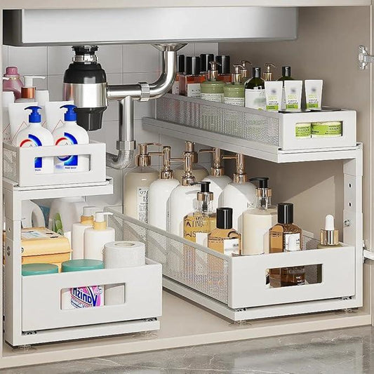 2 Pack 18.5IN-Depth Under Sink Organizer With Next-Gen Ball-Bearing Slides,2-Tier Pull Out Cabinet Storage,Height Adjustable Drawer Shelf for Bathroom,Kitchen,Laundry,Cabinet,Pantry-White - NeatNest