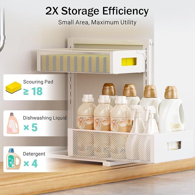 Under Sink Organizer Adjustable Height 2 Tier Bathroom Organizer Pull Out Cabinet Organer kitchen organizers and storage fridge organizers and storage,White,XL-1 Pack - NeatNest