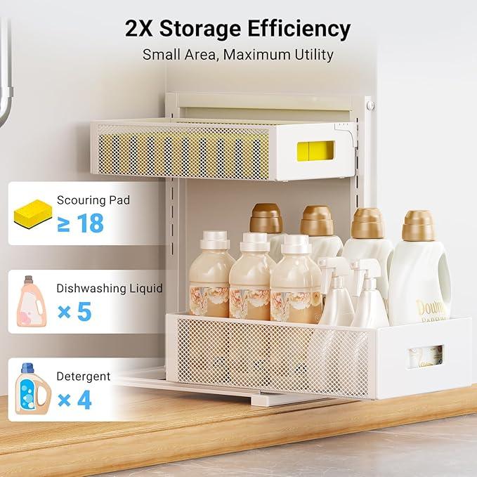 Pull-out Under Kitchen Sink Organizer, Metal Functional Under Sink Organizer, Height Adjustable Under Bathroom Sink Organizer, Under Sink Storage for Kitchen Bathroom Cabinet (White) - NeatNest