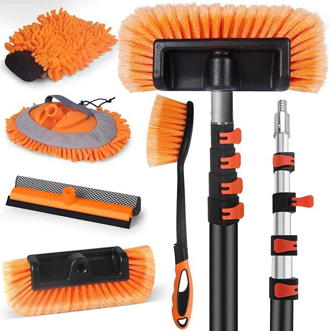 18FT Reach Car Wash Brush with Long Handle,Scratch-Free Soft Bristle Car Cleaning Kit with 3-12FT Extension Pole,Microfiber Clean Mop,Window Squeegee,Mitt,Wheel Brush for RV,Truck,SUV,Siding Washing - NeatNest