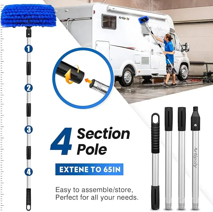 ARTIPOLY 65'' Five-Sided Car Wash Brush with Long Handle, Scratch-Free Car Cleaning Kit with Soft Wash Brush, Tire Brush, Window Squeegee, Car Wash Mitt, Microfiber Cleaning Head & Extension Pole - NeatNest