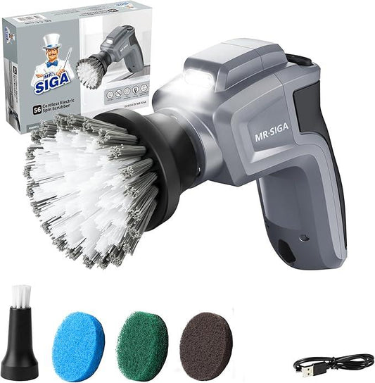 MR.SIGA Electric Spin Scrubber for Kitchen and Bathroom Cleaning, Waterproof Rechargeable Cordless Spin Scrubber with 5 Replaceable Cleaning Brushes and Pads - NeatNest
