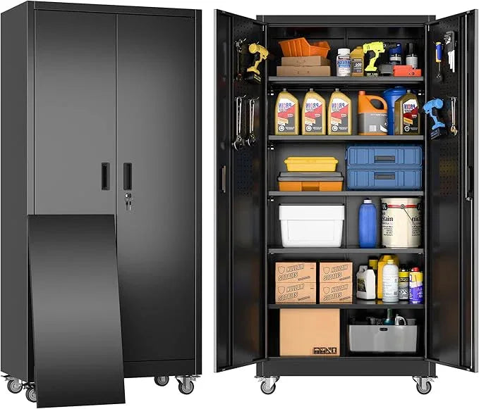 SUXXAN Metal Garage Storage Cabinet with Wheels and Pegboard, 71'' x 34'' x 18'' Lockable Rolling Steel Cabinet with 5 Adjustable Shelves and Door for Garage, Office, Kitchen, Assembly Required - NeatNest