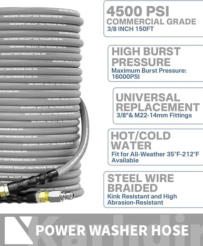 Pressure Washer Hose 150FT 3/8" for Cold and Hot Water 212°F, with Swivel Quick Connect, 4500PSI Kink Resistant Grade Steel Wire Braided, Power Washer Hose With 2pcs M22-14mm Adapter - NeatNest