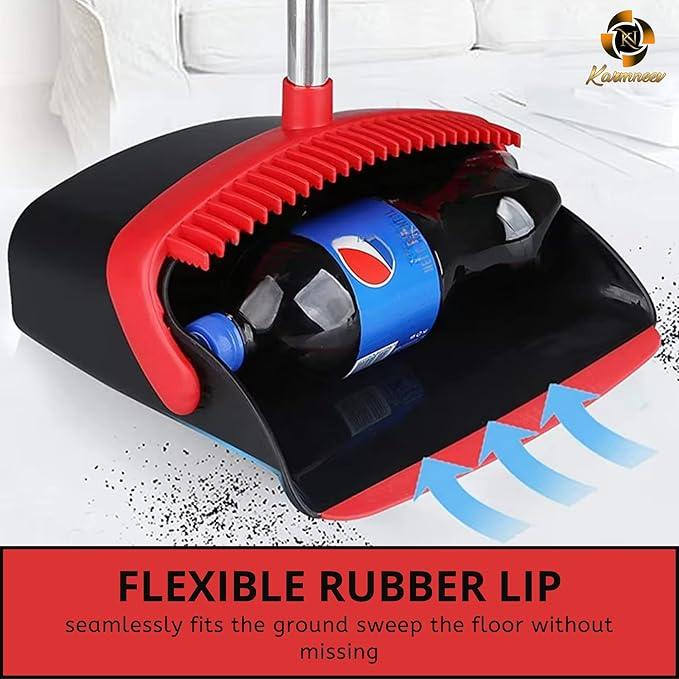 Standing Broom and Dustpan Set, Built-in Scraper Teeth, No-Slip Grip, Dust Collection Tray for Home, Office, Lobby, and Outdoor, Adjustable Handle from 38.18" to 52" (Black and Red) - NeatNest