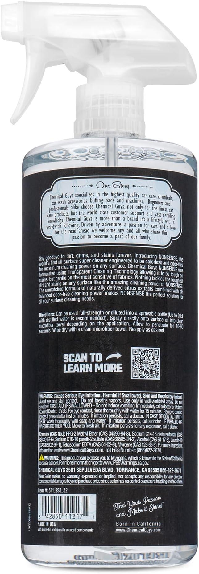Chemical Guys Nonsense Colorless & Odorless All Surface Cleaner - Clear, Safe for Vinyl, Rubber, Plastic, Carpet, and Upholstery, pH Balanced, Residue-Free, Unscented, 32 oz Spray - NeatNest