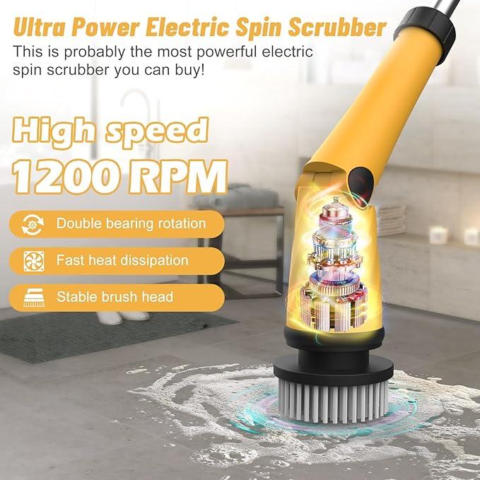 Qimedo Upgrade 1200 RPM Battery Electric Spin Scrubber, Highly Powerful Cordless Cleaning Brush with Smart Display, Electric Tile Floor Scrubber with 8 Brushes, Battery Powered Shower Scrubber - NeatNest