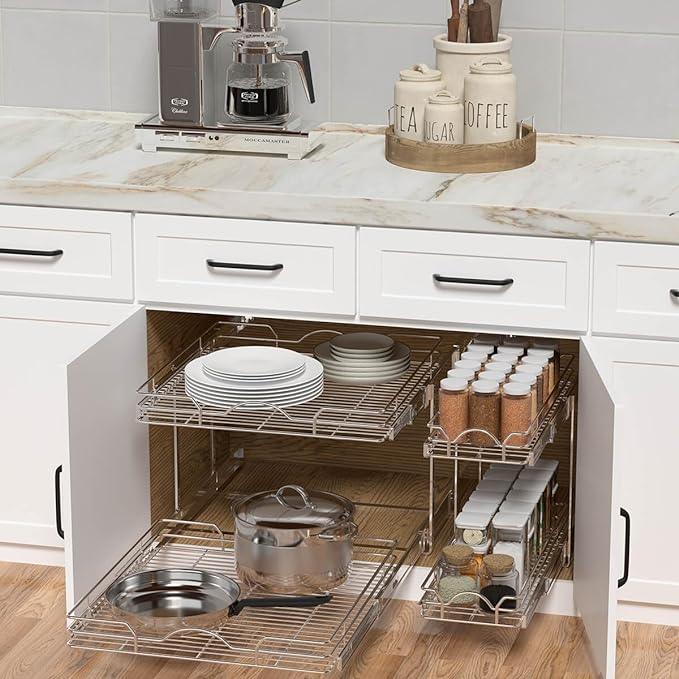 OCG 2 Tier Pull Out Cabinet Organizer (18.5" W x 21" D), Pull Out Drawers for Kitchen Cabinets, Pull Out Shelves for Base Cabinet Organization in Kitchen Bathroom Pantry, Chrome Finish - NeatNest