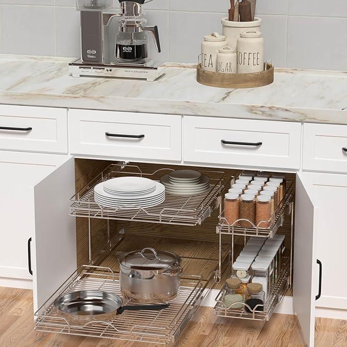 OCG 2 Tier Pull Out Cabinet Organizer (9.5" W x 21" D), Pull Out Drawers for Kitchen Cabinets, Pull Out Shelves for Base Cabinet Organization in Kitchen Bathroom Pantry, Chrome Finish - NeatNest