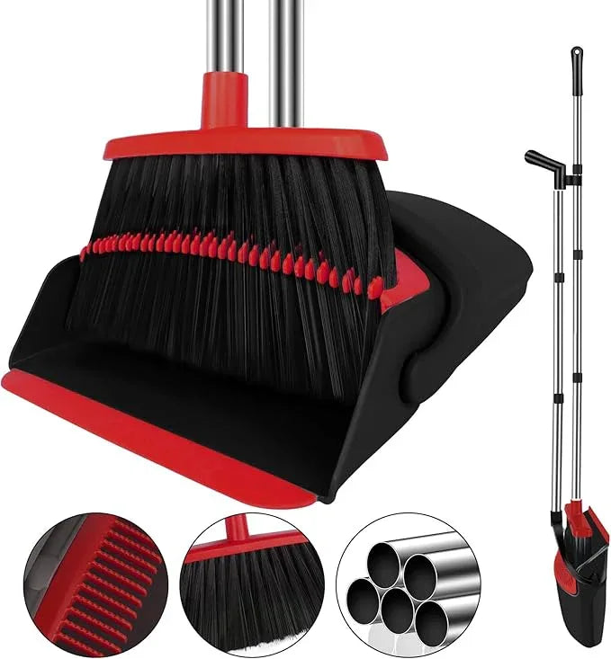 Broom and Dustpan Set for Household, Red Broom with Dustpan Combo Set, 51" Long Handle Dust pan Set for Dog Cat and Hair Clean - NeatNest