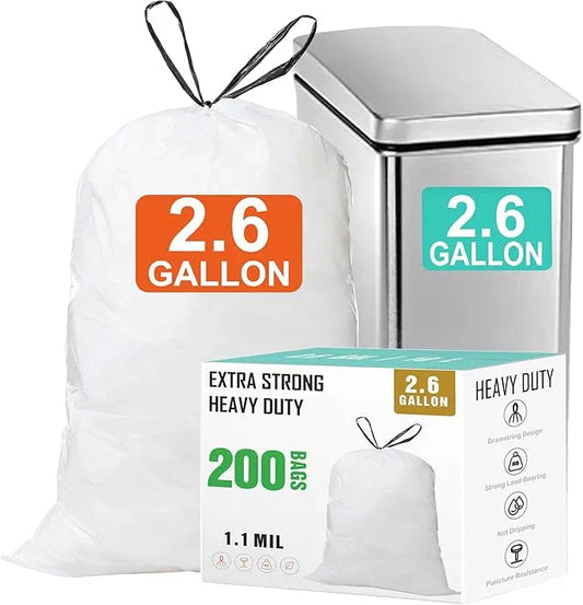 2.6 Gallon Drawstring Trash Bags (200 Count) 1.1 Mils Heavy Duty Small Garbage Bags Fit 10-15 Liter 2.6-4 Gal White Trash Bin Liners for Home Office Kitchen Bathroom Bedroom - NeatNest