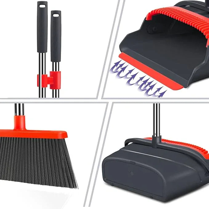 kelamayi Upgrade Broom and Dustpan Set, Broom with Dustpan Combo Set, Large Size and with Long Handle, Upright,Ideal for Indoor Outdoor Garage Kitchen Room Office Lobby Use (Black&Red) - NeatNest
