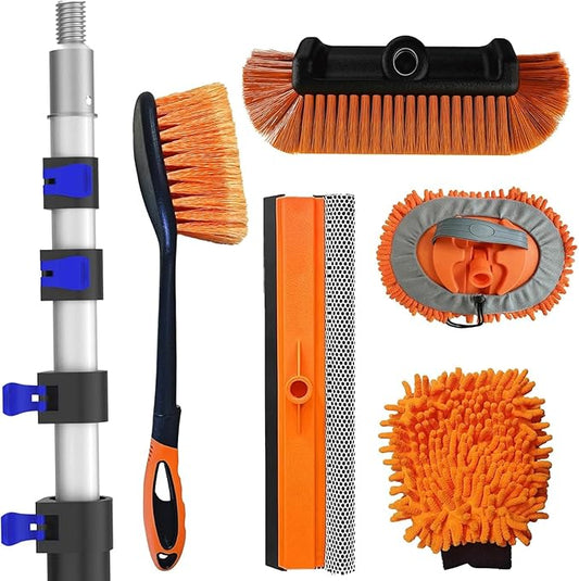 SKGPOLE 26Ft Reach Car Wash Kit with 5-20FT Telescopic Extension Pole, Car Wash Brush with Long Handle, Wheel Tire Brush, Car Wash Mop, Mitt, Squeegee for Cleaning Car, SUV, RV, Boats, Solar Panels