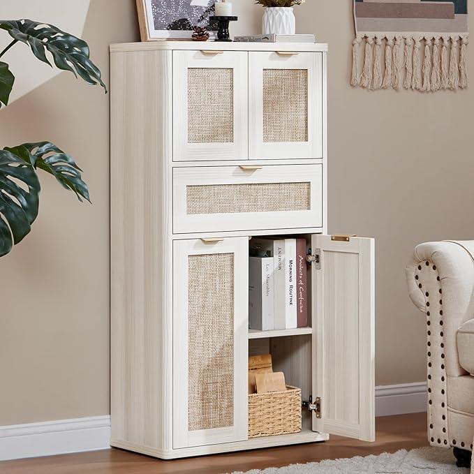 LEYAOYAO 48" Tall Storage Cabinet,Rattan Bathroom Floor Cabinets with 2 Doors & 1Drawer,Boho Kitchen Pantry with Adjustable Shelves,Wooden Cupboard for Living Room,Home Office,Dining,White Cream Oak - NeatNest
