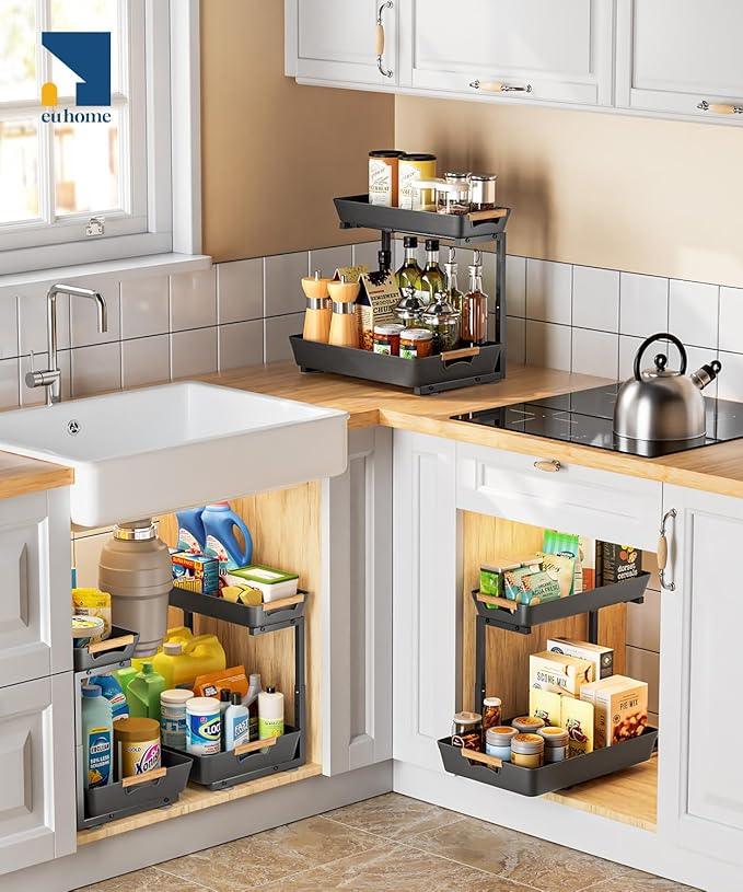 Under Sink Organizer, 2 Tier Adjustable Height Under Sink Organizers and Storage, L-Shaped Slide Out Pull Out Cabinet Organizers for Bathroom Kitchen Pantry (2 Pack, Black) - NeatNest