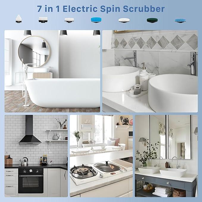 Electric Spin Scrubber, Hillyfe Bathroom Scrubber Electric with 7 Replaceable Brush Heads, IPX7 Waterproof,300/400 RPM, 3 Adjustable Length,Scrubber Brush Electric for Bathtub Floor,White - NeatNest