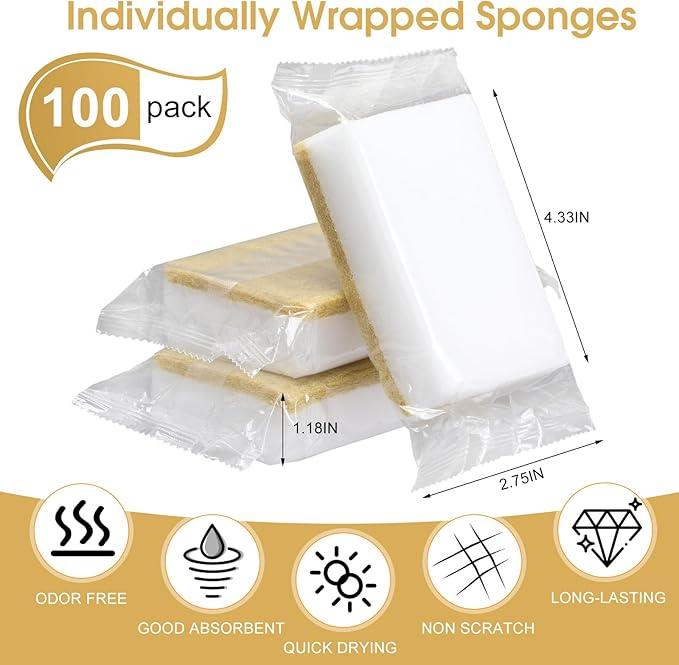 Tioncy 100 Pcs Individually Wrapped Sponges Kitchen Bulk Brown Dish Non Scratch Scrub Sponges Dual Sided Cleaning Dish Scrubber for Washing Dishes, Pots, Pans, Sinks, Stoves, Appliances, Car, Bike - NeatNest