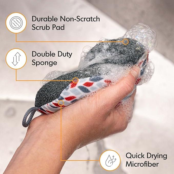 MÜkitchen Premuim Sponge for Dishes and Household Cleaning | Microfiber Print and Non-Scratch Scrub Pad | Set of 4 | (Petals) - NeatNest