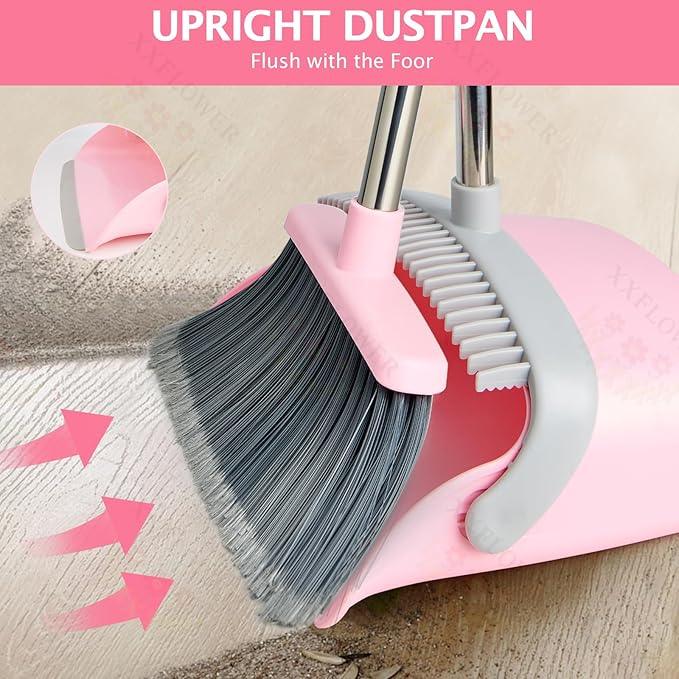 Broom and Dustpan Set, Dustpans with Broom Combo for Home, Heavy Dust Broom and Dustpan Combo, Long Handle Dust Pan and Broom Set for Kitchen, Office, Pet Hair(Gray Pink) - NeatNest
