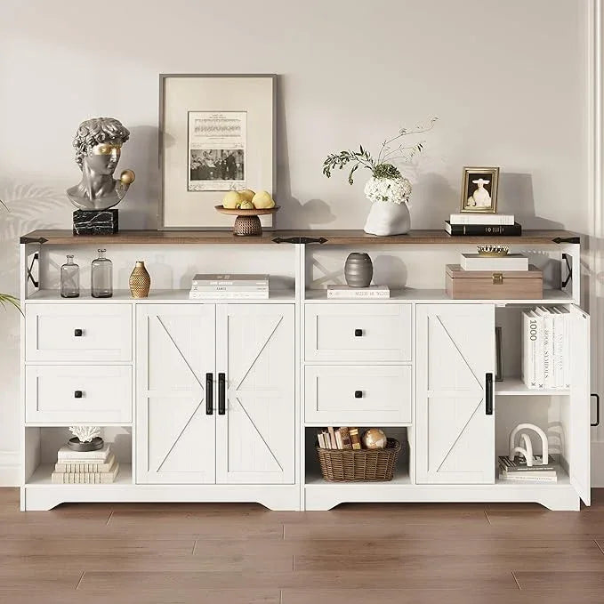 Fameill Farmhouse Storage Cabinet with Drawers and Open Storage,Freestanding Kitchen Pantry with 2 Barn Doors, Floor Cabinet with Adjustable Shelf for Living Room,White - NeatNest