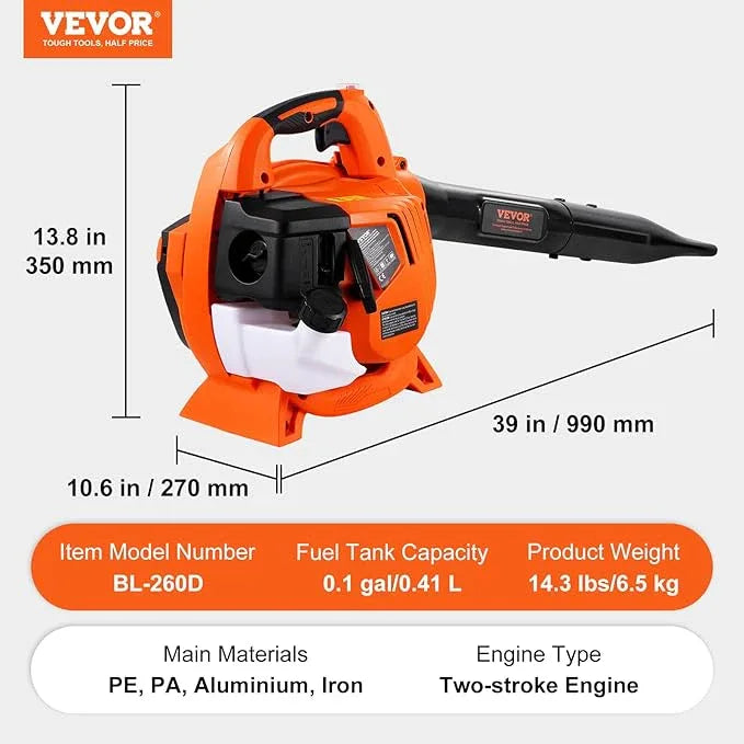 VEVOR Gas Leaf Blower, 26CC 2-Cycle Handheld Leaf Blower Gas Powered with 425-CFM and 156-MPH Powerful Performance, Ideal for Lawn Care, Leaf Cleaning, and Snow Removal - NeatNest